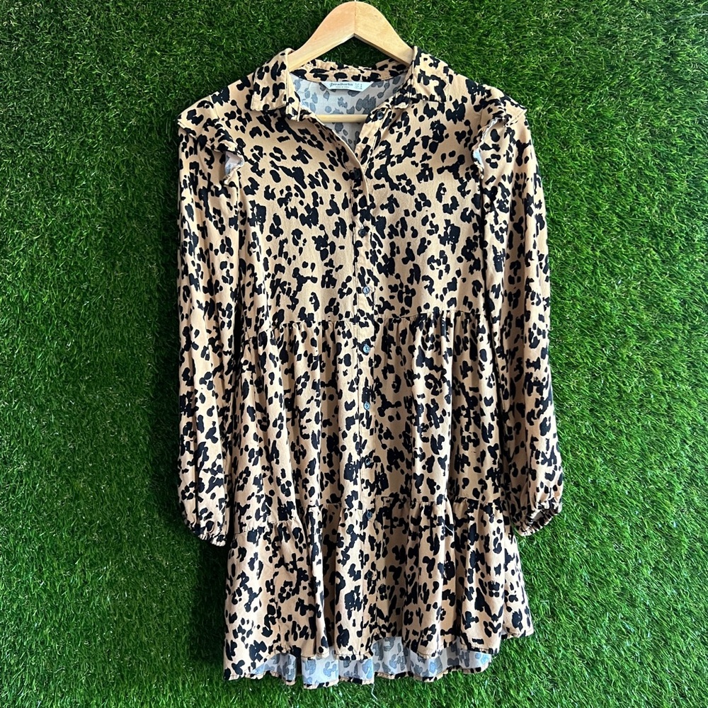 Stradivarius Leopard Shoulder Ruffle Shirt Dress
